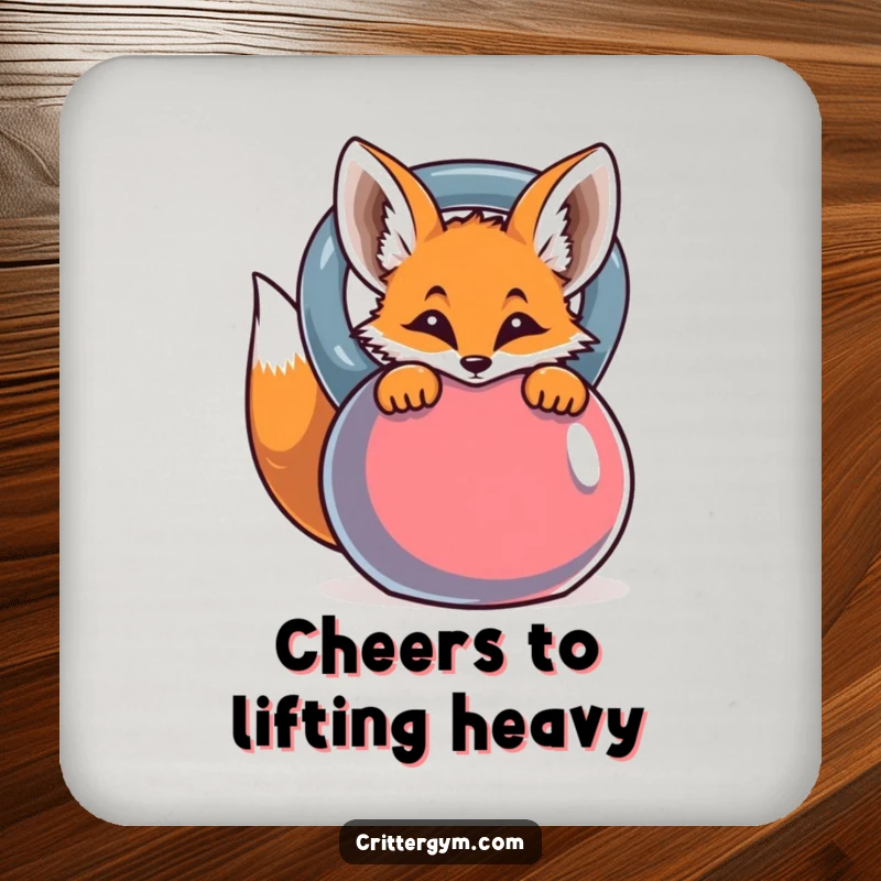 Funny drink coaster showcasing a curious fox peeking from behind a colorful kettlebell, ideal for any table.