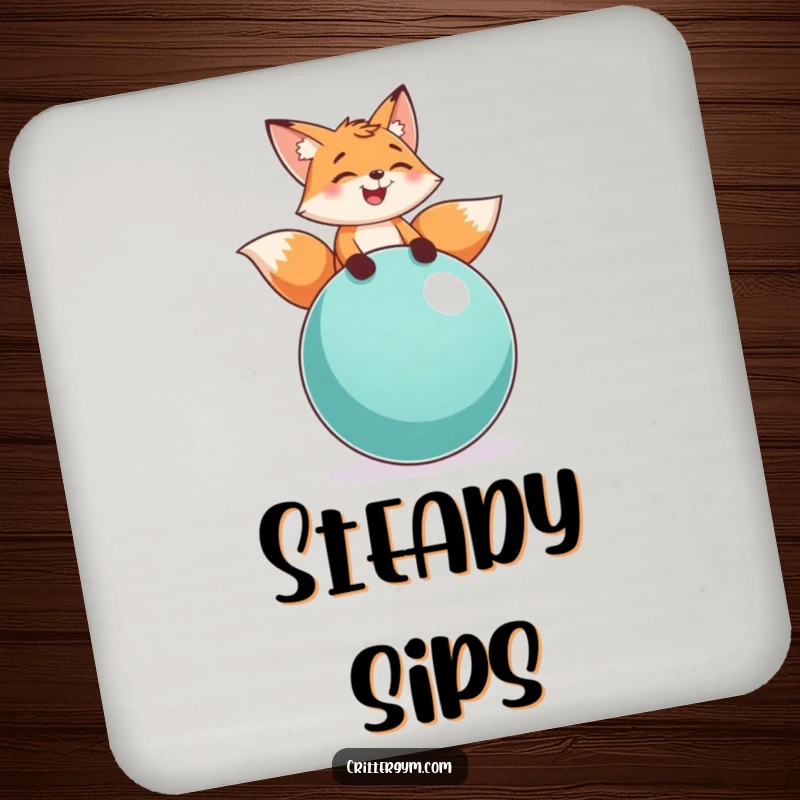 Funny fox balance coaster featuring a playful fox character laughing while balancing on a large exercise ball, protecting surfaces humorously.