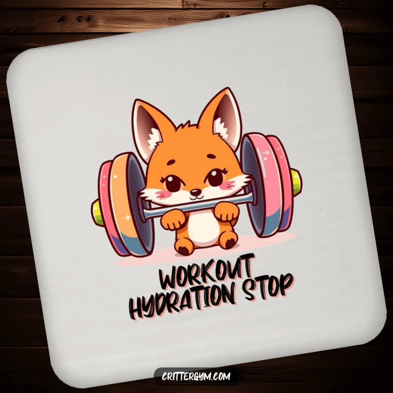 Funny fox coaster with a curious fox peeking from behind a giant barbell, adding fitness humor and charm to protect surfaces.