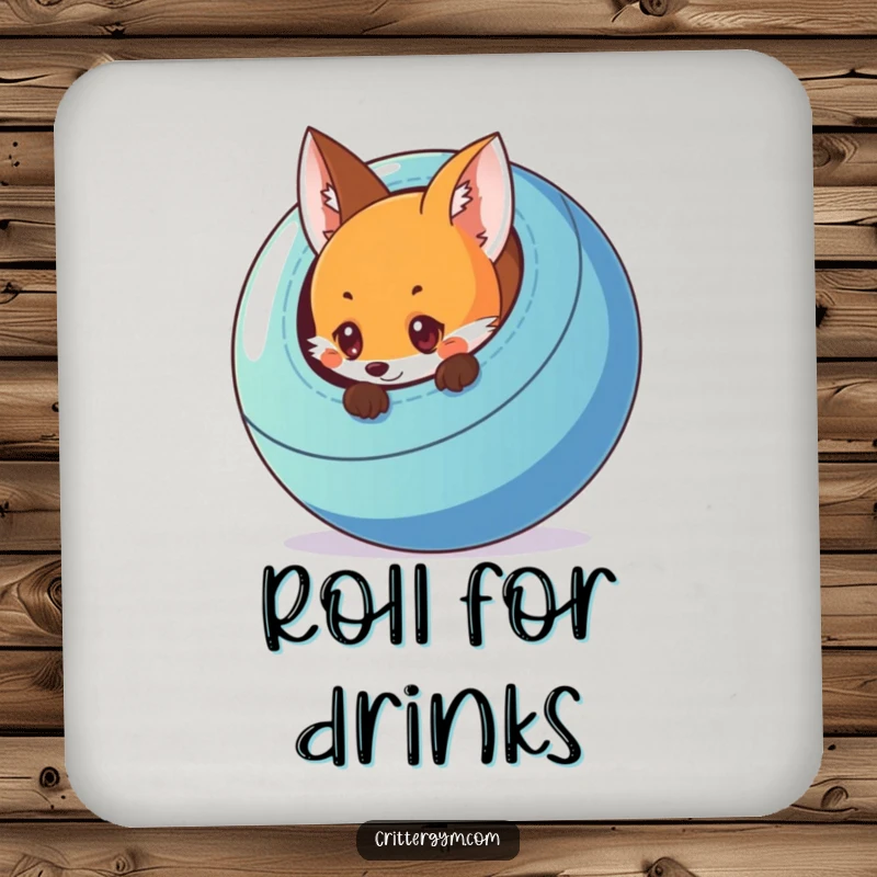 Funny drink coaster featuring a curious fox peeking from behind a colorful exercise ball, protecting surfaces with humor.