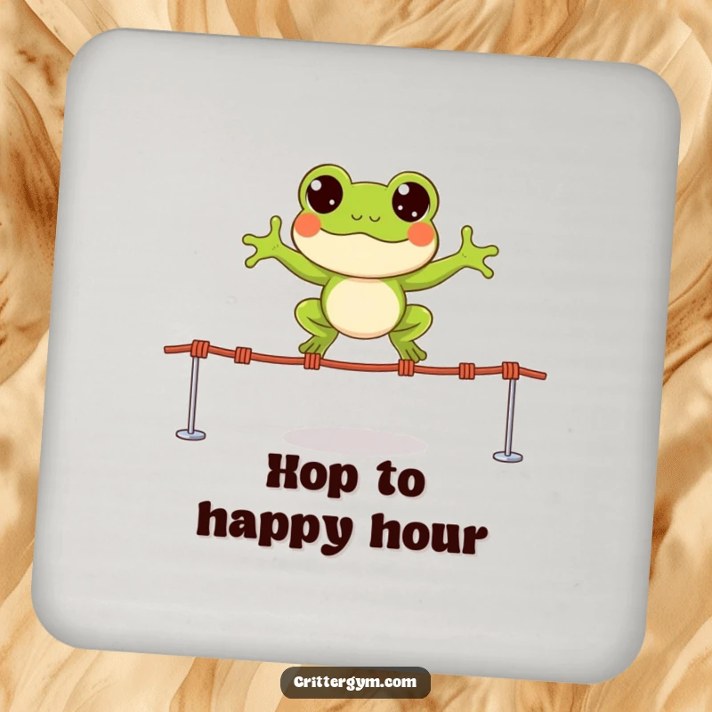 Funny drink coaster with a small, happy frog character leaping over tiny jump ropes with wide, excited eyes, for any surface.