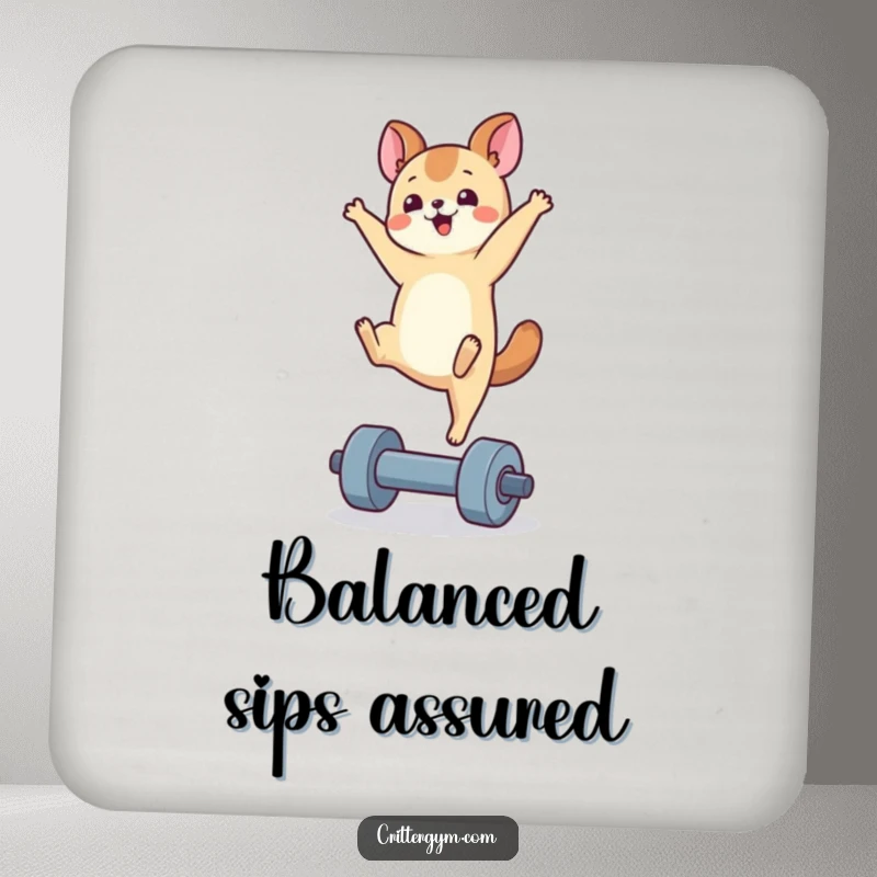 Funny handstand animal coaster with a small critter in a handstand on a tiny dumbbell, protecting surfaces with humor.
