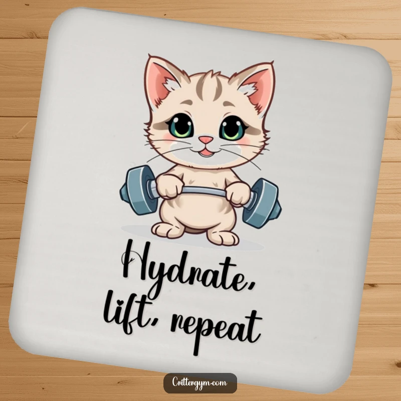Funny drink coaster set with a proud kitten posing after lifting tiny weights, protecting surfaces with workout humor.