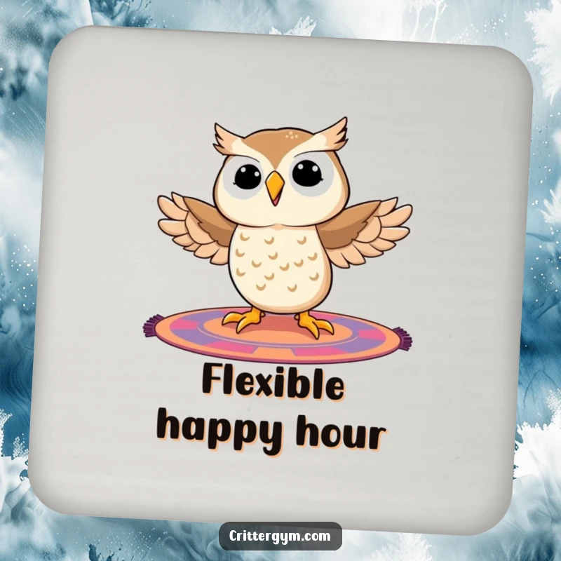 Funny owl drink coaster set showing a smiling owl in a full split on a mat, a humorous and functional addition to any table.