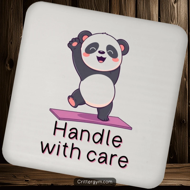 Funny panda bear doing a wobbly handstand on a yoga mat, printed on a humorous drink coaster.