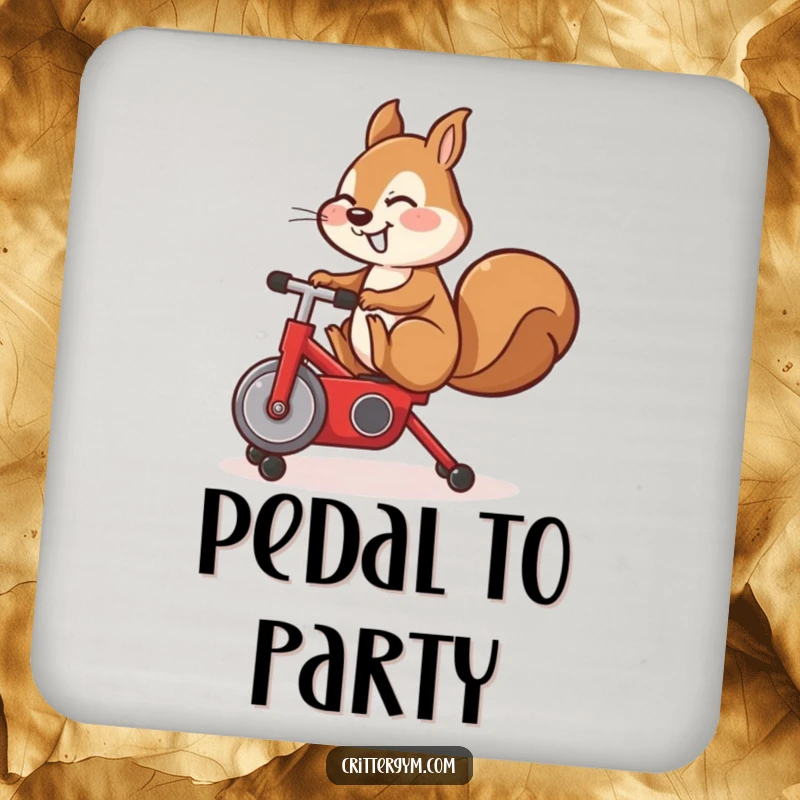 Funny drink coaster, cute squirrel doing a leg kick on a tiny red exercise bike, protecting surfaces.