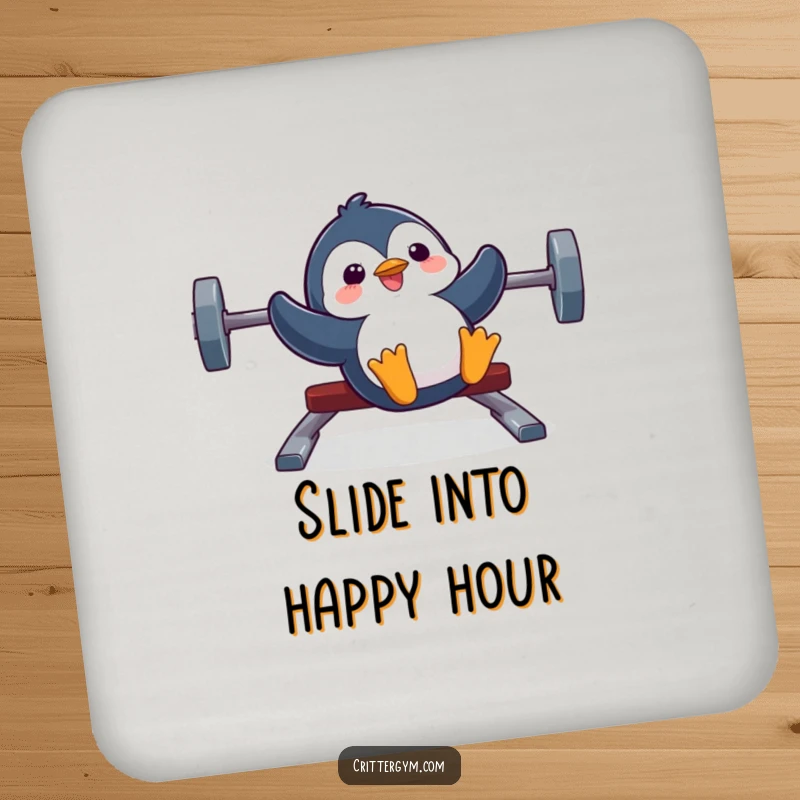 Funny coasters featuring a silly penguin sliding down a weight bench with an expression of pure joy, protecting surfaces.