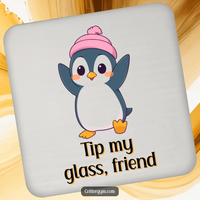 Funny drink coaster with a silly penguin character attempting a handstand with surprised concentration, perfect for any surface.
