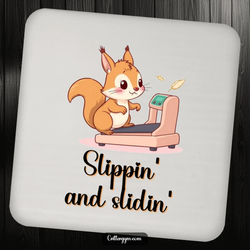 Funny squirrel drink coaster set depicting a squirrel comically running on a miniature treadmill, a humorous addition to any beverage setting.