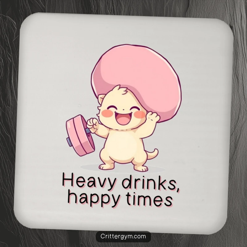 Funny squishy weight lifting coaster with a creature gleefully lifting a huge, soft dumbbell, adding a humorous flair to drink service.