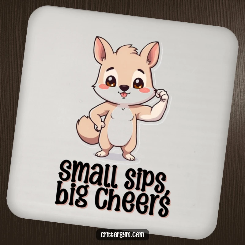 Funny tiny bicep animal coaster with a small creature proudly flexing a comically small bicep, protecting surfaces with humor.