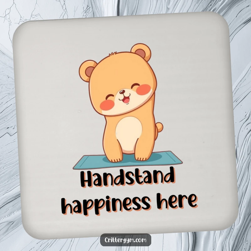 Funny bear cub attempting a handstand on a yoga mat, featured on a drink coaster, a funny gift.