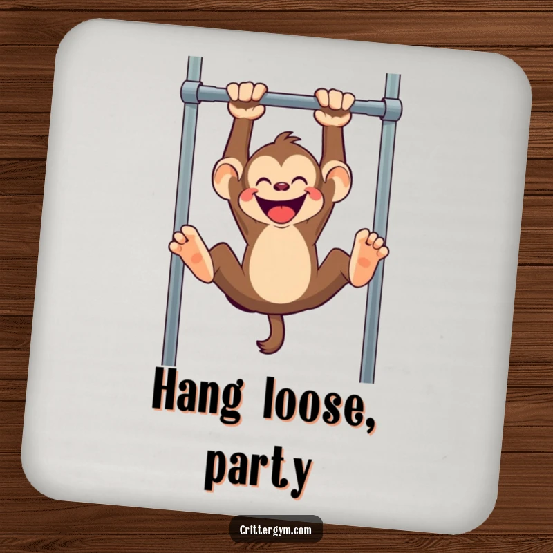 Funny monkey coaster, a mischievous monkey hanging upside down from a pull-up bar, humorous surface protector.