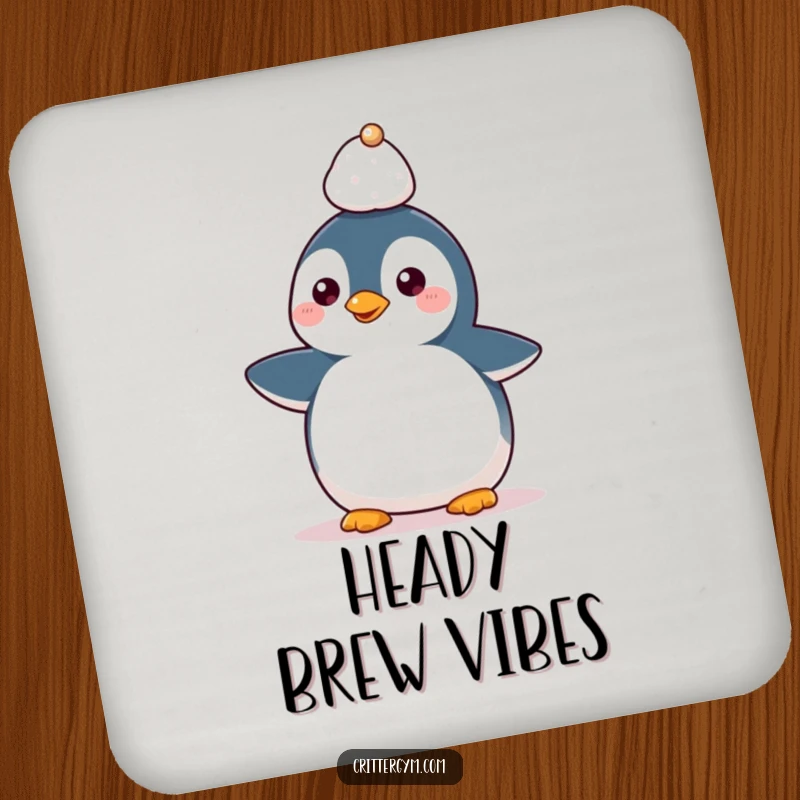 Funny Kawaii penguin character balancing a small weight on its head, a humorous and protective drink coaster.