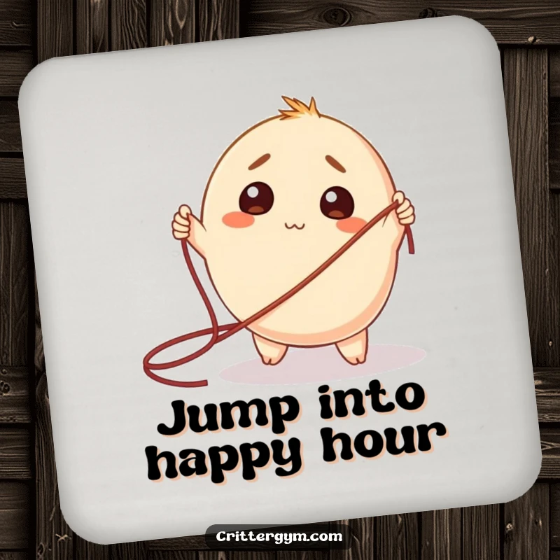 Funny Drink Coaster: A round creature looking pleasantly bewildered with a giant jump rope, a humorous table protector.