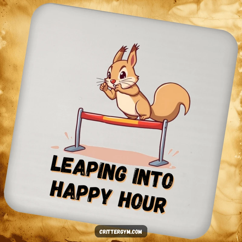 Funny determined squirrel coaster, doing a dramatic leap over a tiny hurdle, for table protection, humorous funny gift.
