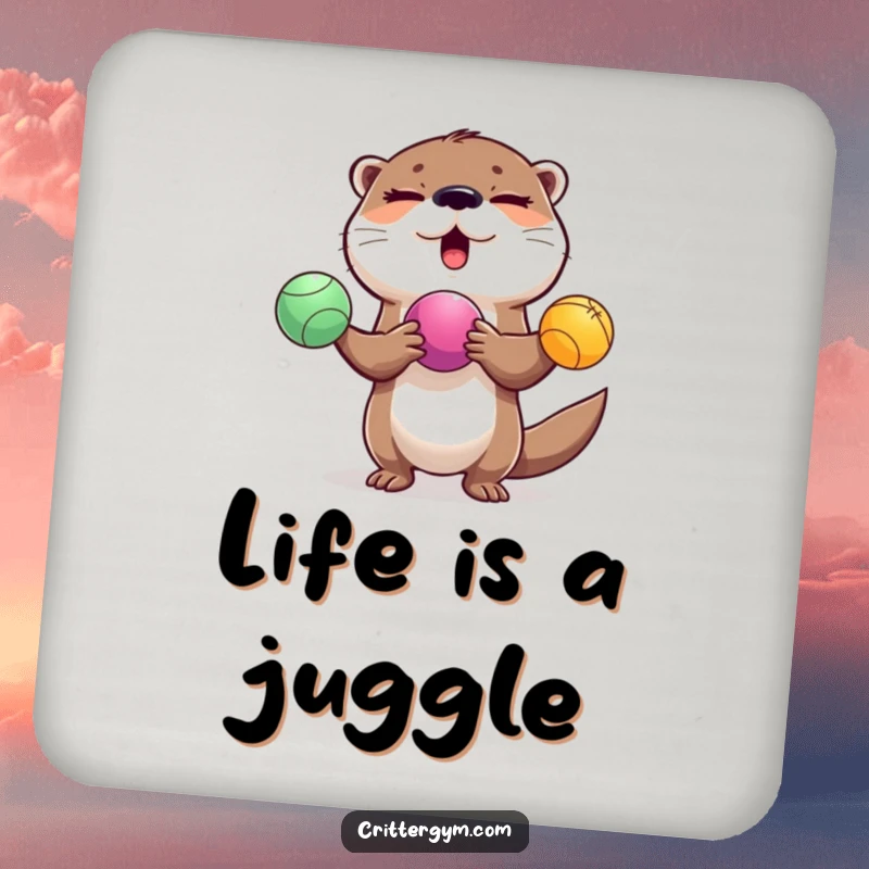 Funny winking otter juggling colorful exercise balls on a drink coaster, a perfect funny gift.