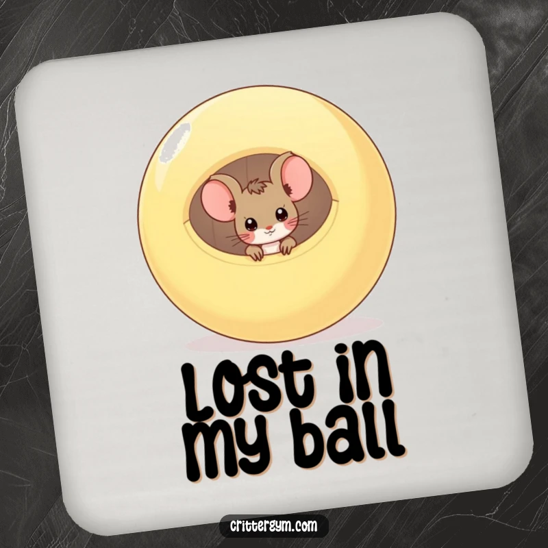 Funny drink coaster set with a curious mouse peeking from a deflated exercise ball, protecting surfaces with playful humor.