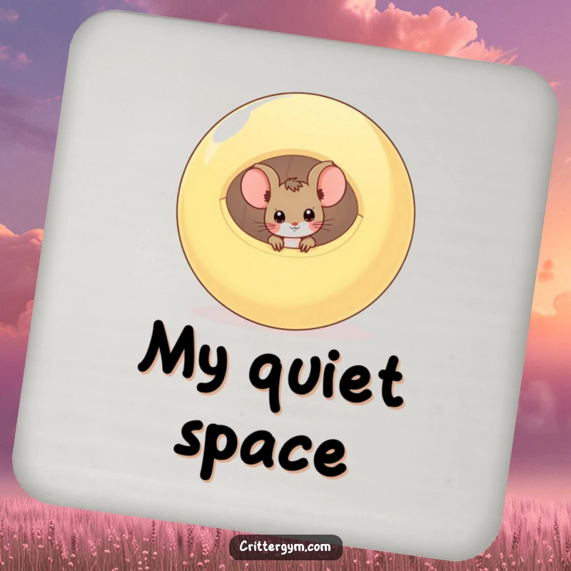 Funny curious mouse peeking from a large deflated exercise ball on a drink coaster, a funny gift.