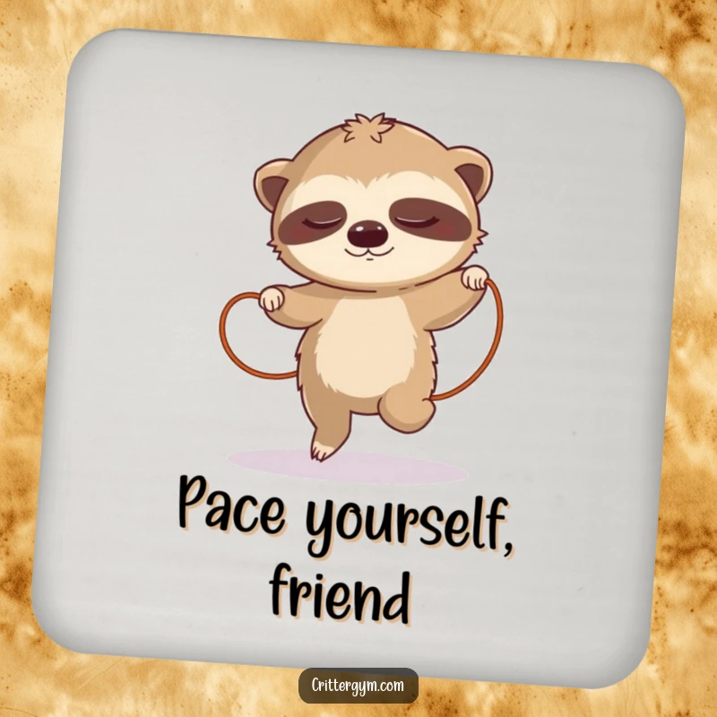Funny sloth coaster, showing a sleepy sloth attempting jump rope, a humorous surface protector.