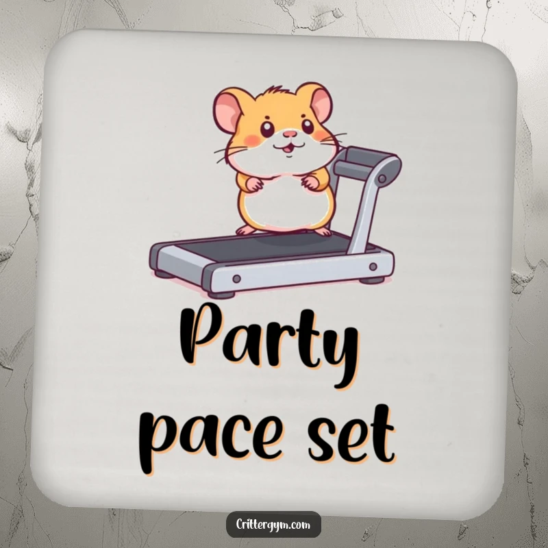 Funny and energetic hamster running on a miniature treadmill, printed on a humorous drink coaster.