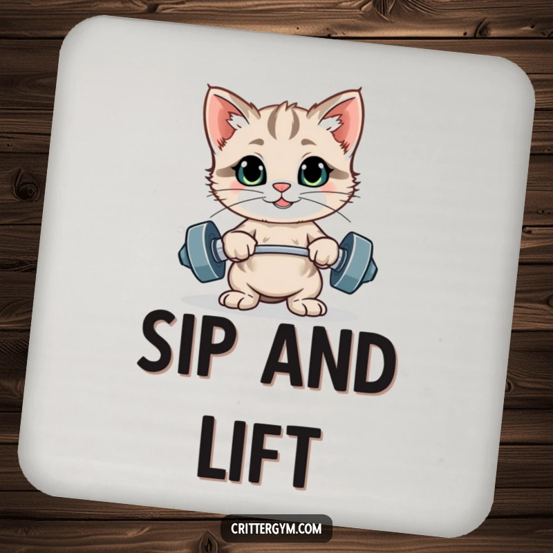 Funny proud kitten flexing after lifting tiny weights on a drink coaster, a funny gift.