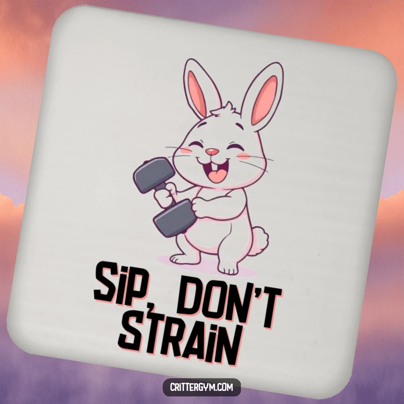 Funny rabbit gym coaster featuring a smiling rabbit character comically failing to lift a tiny dumbbell, protecting surfaces humorously.