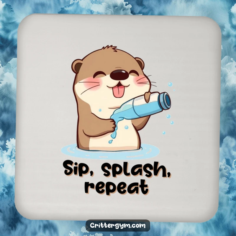 Funny Playful Otter Coasters: An otter splashes water on its face, protecting surfaces with humor.