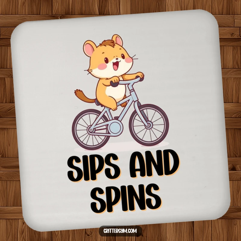 Funny critter cycling coaster with a small animal enthusiastically pedaling a tiny stationary bicycle, protecting surfaces with humor.