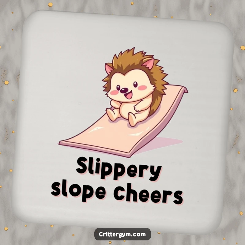 Funny drink coaster set with a happy hedgehog rolling down a slippery slide on a gym mat, protecting surfaces with playful humor.