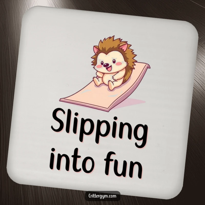 Funny happy hedgehog rolling down a slippery slide on a gym mat on a drink coaster, a funny gift.