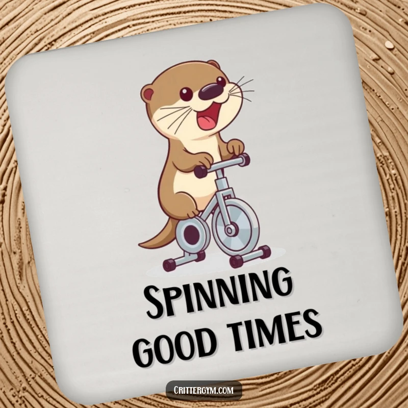 Funny drink coaster showing a cute otter excitedly riding a tiny exercise bike, pedaling rapidly, adding humor to tabletops.
