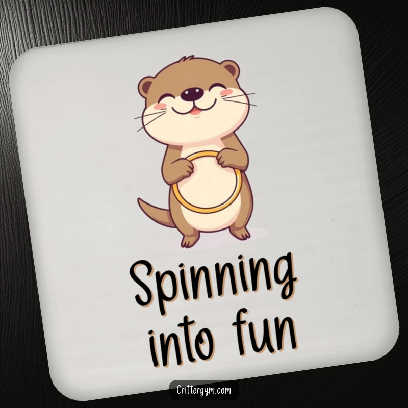 Funny grinning otter coaster, joyfully spinning a tiny hula hoop, for table protection, humorous funny gift.
