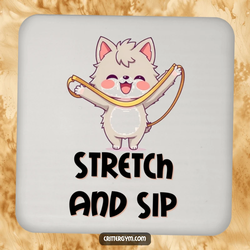 Funny Drink Coaster: A furry character stretching with a resistance band, a humorous table protector.