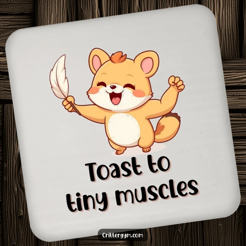 Funny Coaster: A small animal character joyfully flexes a tiny, muscular arm after lifting a feather, a humorous strength icon.