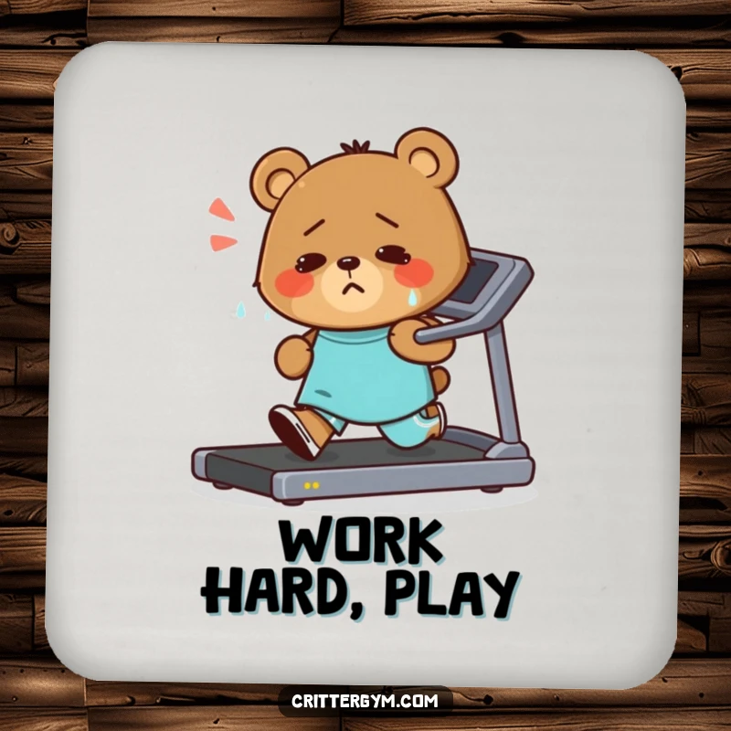 Funny drink coaster showing a small bear character running on a treadmill, sweating with a determined smile, offering a humorous surface protector.