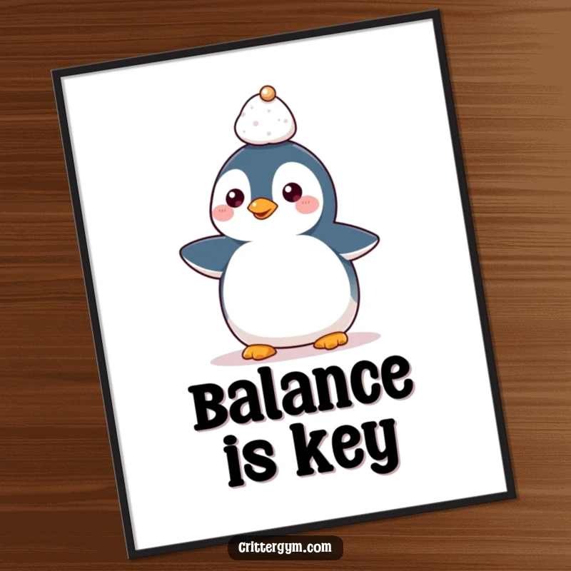 Funny Kawaii penguin character precariously balancing a small weight on its head, humorous wall art for posters.