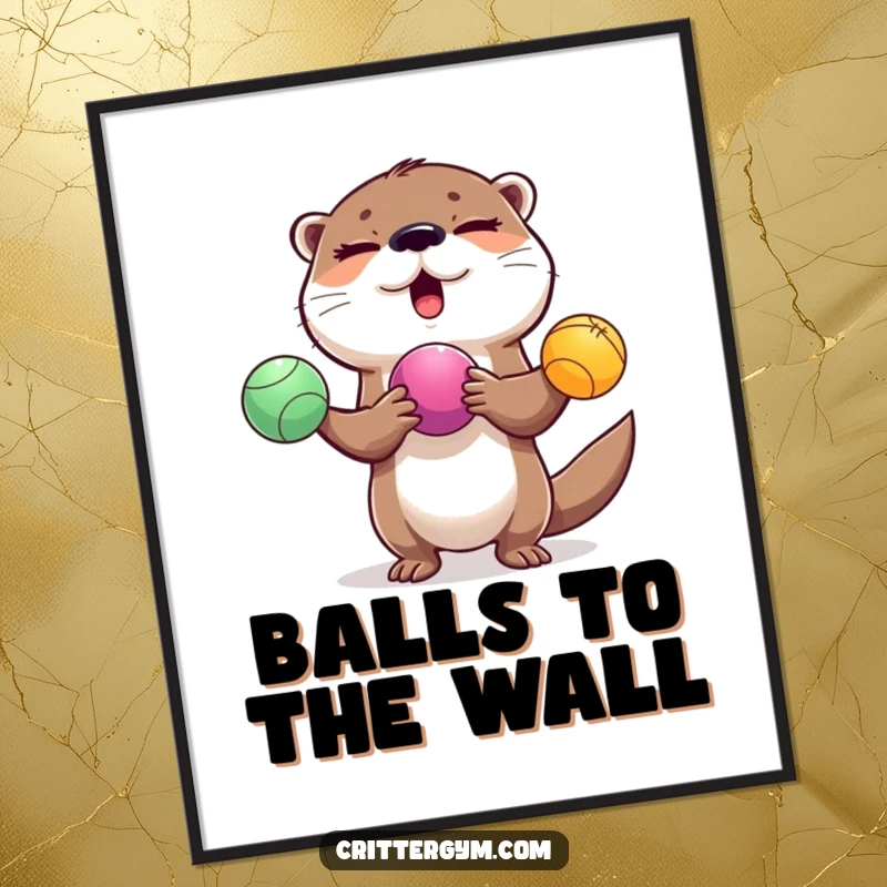 Funny winking otter juggling exercise balls, displayed as humorous wall art, a perfect funny gift.