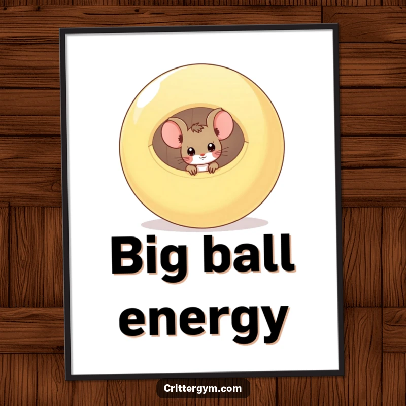 Funny curious mouse peeking from inside a large deflated exercise ball on wall art, a funny gift.