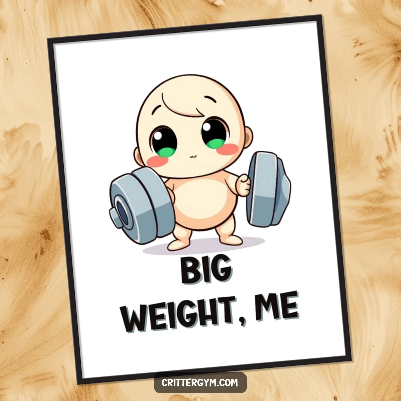 Funny poster, small round character with big eyes trying to lift a huge dumbbell, fitness art.
