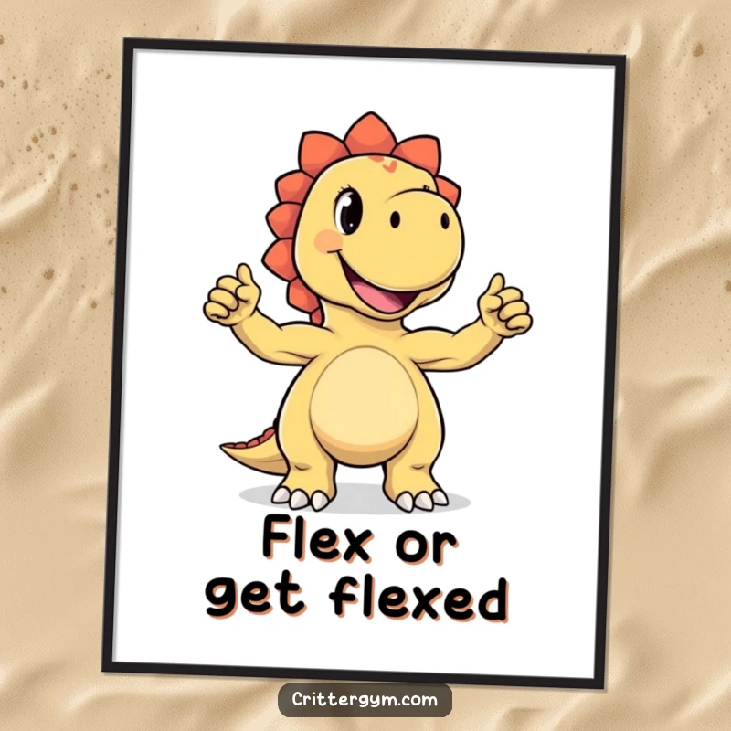 Funny poster print of a joyful dinosaur character proudly flexing its miniature biceps with a beaming grin, capturing a moment of hilarious self-confidence.
