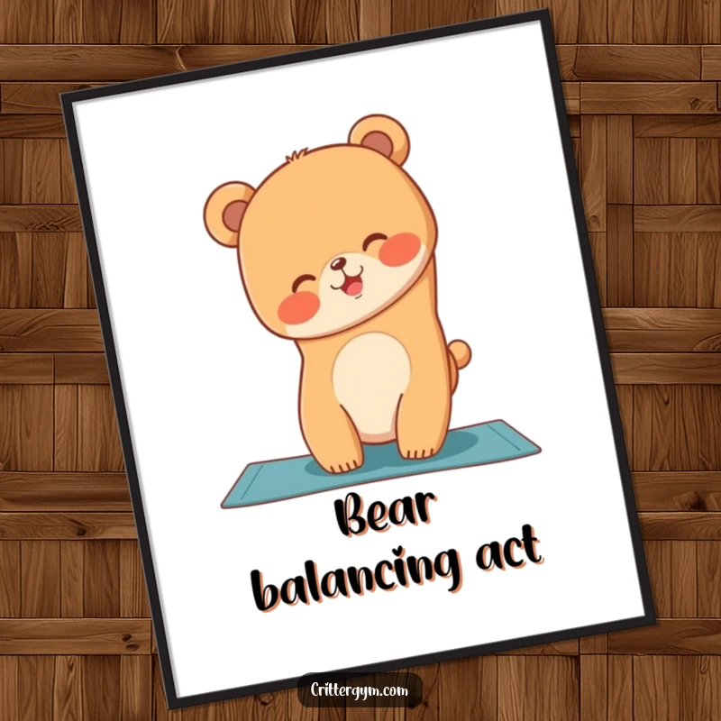 Funny poster artwork of a giggling bear cub in a wobbly handstand pose on a yoga mat, full of joy.