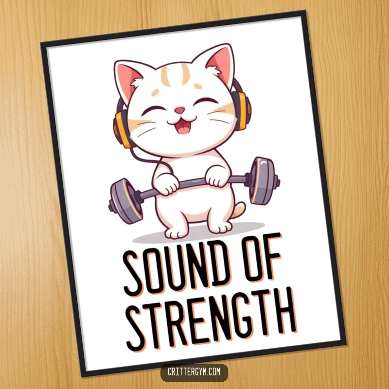 Funny cat poster of a giggling character wearing tiny headphones, happily lifting a very small barbell.