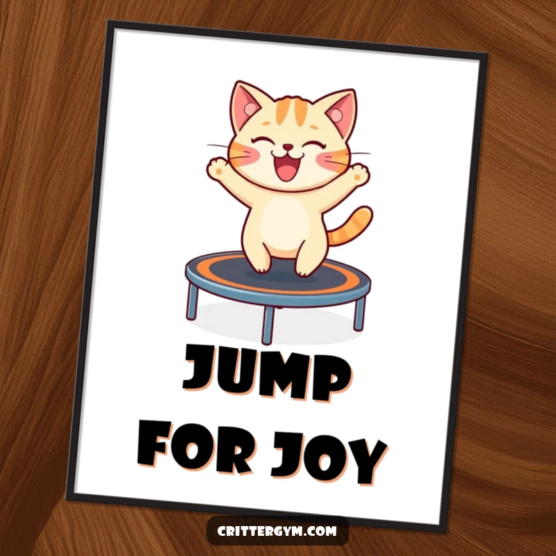 Funny poster of a cheerful cat excitedly bouncing high on a miniature trampoline, creating a whimsical and energetic wall art.