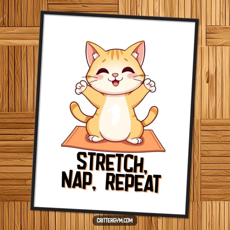 Funny poster depicting a cheerful cat character stretching playfully on a yoga mat, adding a humorous and artistic touch to any room.
