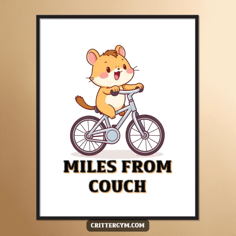 Funny critter cycling poster showing a small creature pedaling a tiny stationary bike with great enthusiasm, adding a humorous touch.