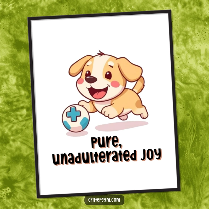 Funny Dog Medicine Ball Poster: A happy dog joyfully chases a bouncing medicine ball, creating a humorous wall art piece.