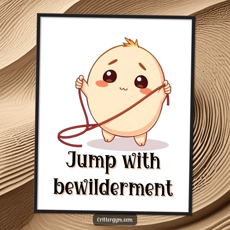 Funny Poster: A round creature displaying pleasant bewilderment while trying to jump a massive rope.