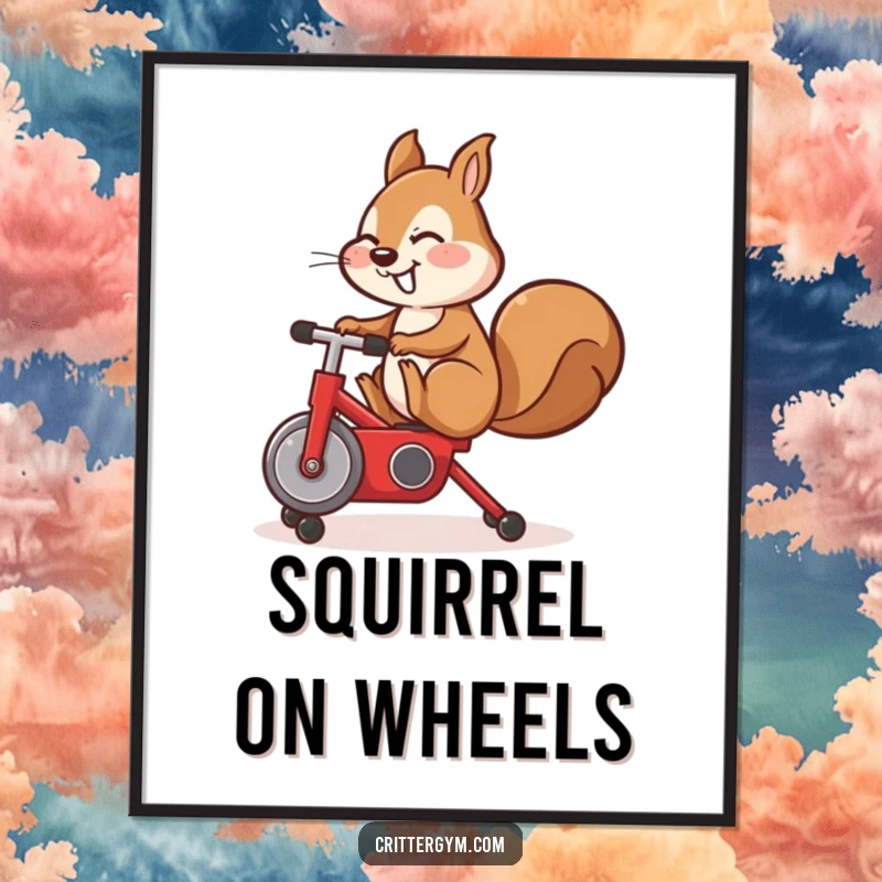 Funny poster, cute squirrel character happily doing a leg kick on a small red exercise bike, fitness art.