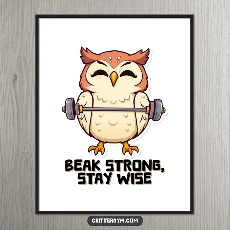 Funny graphic art of an overjoyed owl balancing a tiny barbell on its beak, perfect for wall decor.
